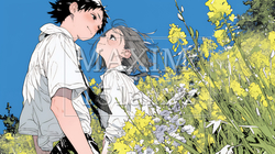 菜の花畑でデートをしている若いカップル