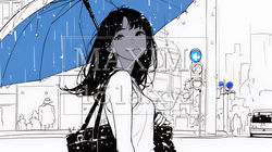 雨の中を歩く女性（シンプルな色使い）