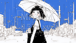 雨の日に傘をさして歩く若い女性（シンプルな色使い）｜674642-9038