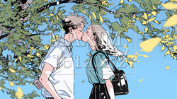 秋の紅葉の下でキスをしている若い恋人たち