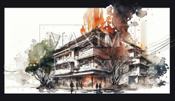 老舗温泉ホテルの火事：水彩画