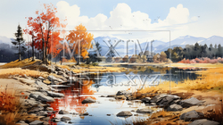 木々の紅葉が水面に映る美しい水辺の風景：水彩画 | 6619253-18685