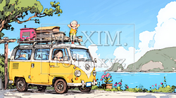 小学生の夏の思い出：ドライブ（クレヨン＋水彩画風）
