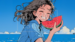 スイカを海辺て食べている若い女性 | 6655661-9890