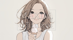 夏空の下でソフトクリーム（コーンに乗ったアイスクリーム）をたべる若い女性（シンプルな色使い）｜6832290-9930
