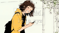 嬉しそうな表情でスマホを使っている女性（シンプルな色使い） | 6677113-11465