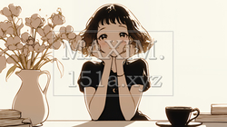 リビングで紅茶を飲んでいる女性（シンプルな色使い） | 6679250-11818