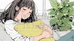 ソファでクッションを抱えてくつろぐ若い女性 | 6684287-16751