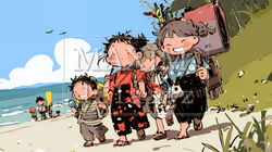 小学生の夏の思い出：昔風の出で立ちでコスプレ（クレヨン＋水彩画風）