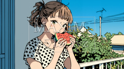 スイカを縁側で食べている若い女性 | 6704459-9908