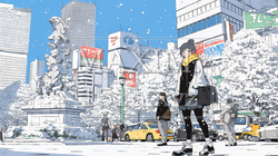 雪の積もる冬の都会を散策している若い女性 | 6704977-12997