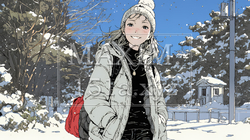 雪の積もる田舎道を歩いている若い女性 | 670600-13104