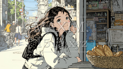 近所のパン屋で焼きたてパンを買う若い女性