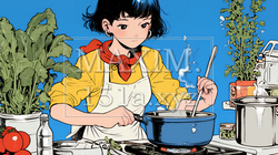 なれない料理に奮闘中の若い女性 | 671139-5998