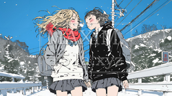 雪の日に友達と通学する女子高生