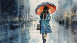 雨降りの街角に女性が傘をさしている風景：　水彩画 | 6727692-18516