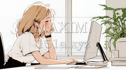 職場のデスクでパソコンに向かって仕事をしているビジネスウーマン（シンプルな色使い） | 6736760-15697