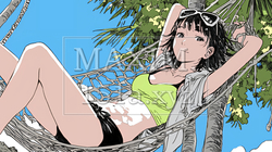 沖縄の青空の下、下着姿でハンモックで休んでいる若い女性 | 6743161-5581