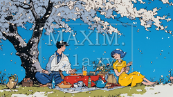 満開の桜の下で仲間たちと花見宴会