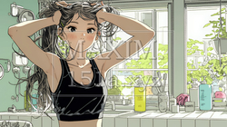 朝支度：洗面所で髪をまとめている若い女性 | 6743770-15524