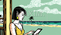 海辺のリゾートに来ているのに仕事のデジタルデバイスを手放せない女性