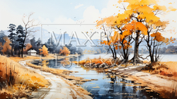 木々の紅葉が水面に映る美しい水辺の風景：水彩画 | 6753985-18690