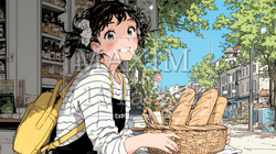 近所のパン屋で焼きたてパンを買う若い女性 | 6755694-16189