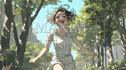 喜びにあふれ、軽やかにスキップする若い女性 | 6761758-16999