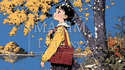 水辺の紅葉の小径を散策している若い女性｜6771556-8298