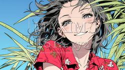 沖縄のかりゆしファッションを着て笑顔いっぱいの若い女性｜6801389-9746