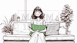 ソファでクッションを抱えてくつろぐ若い女性（シンプルな色使い） | 6805495-16796