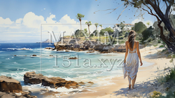 南国の青い空の下、美しい浜辺を歩く若い女性：水彩画 | 6817476-18554