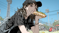 野球などの屋外スポーツを観戦しながら、ホットドッグを頬張る若い女性。 | 6820842-9568