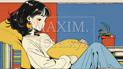 ソファでクッションを抱えてくつろぐ若い女性 | 6821468-16757