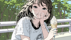 夏空の下でソフトクリーム（コーンに乗ったアイスクリーム）をたべる若い女性｜6895360-9939