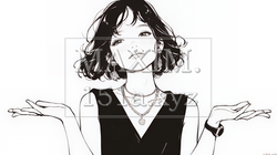 肩をすくめて困惑・諦めの仕草をしている若い女性（シンプルな色使い） | 6865227-14630
