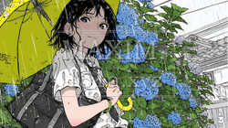 アジサイと梅雨の長雨と若い女性｜6909666-7691