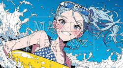 浮き輪につかまって沖縄の海で泳ぐ若い女の子