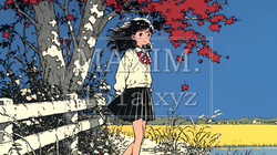 水辺の紅葉の小径を散策している若い女性｜6903627-5886