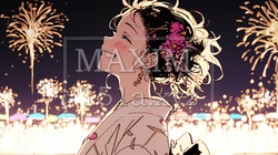 打ち上げ花火を見ている浴衣を着た若い女性（シンプルな色使い） | 689205-10806