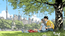 新緑の芝生が広がる都会の公園でくつろぐ若い男女