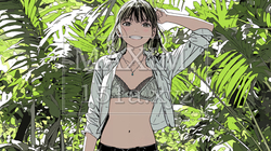 山原の森ではだをはだけている若い女性