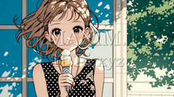 夏空の下でソフトクリーム（コーンに乗ったアイスクリーム）をたべる若い女性｜7401297-9940