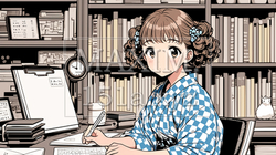 浴衣を着て自宅で執筆中の若い女性