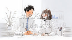 OJT：上司から仕事の手順の説明を受けている女性社員（シンプルな色使い）