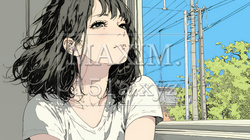 じっと遠くを見つめている若い女性