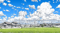 郊外の田園風景と夏空と入道雲