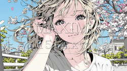 満開の桜の下、春風に乱れた髪を整える若い女性 | 6930921-15104