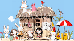 小学生の夏の思い出：田舎で可愛いウサギたちと遊ぶ（クレヨン＋水彩画風）