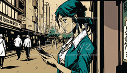 スマートフォンを見ながら街歩きをしている女性：歩きスマホの女性